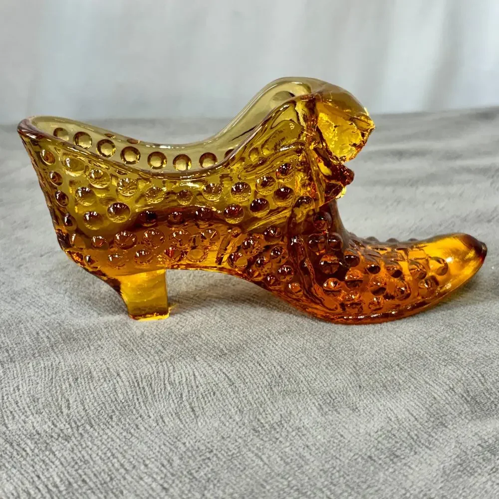 Vintage Amber Hobnail Cathead Shoe Slipper Art Glass Fenton Unmarked 6